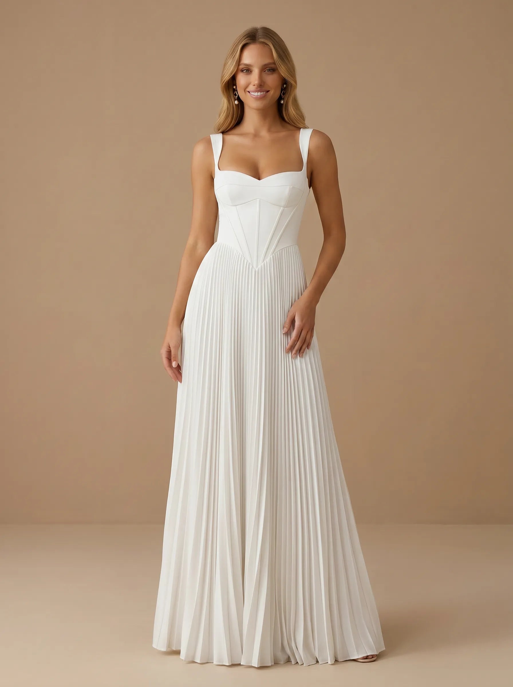 Square Neck Satin Pleat Corset A Line Chiffon Bridal Gown
