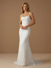 Spaghetti Strap Cowl Neck Satin Mermaid Wedding Gown with Lace Applique