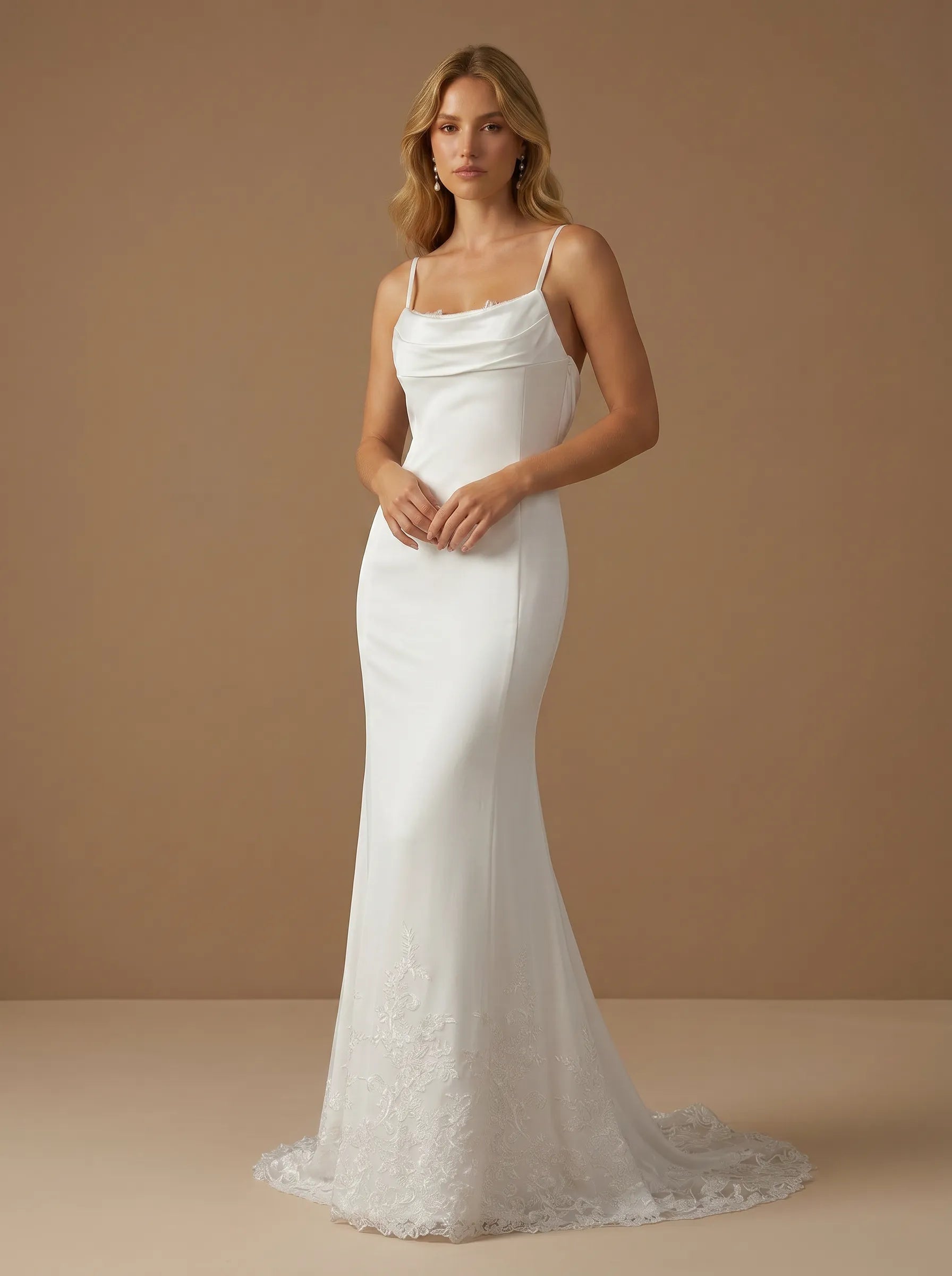 Spaghetti Strap Cowl Neck Satin Mermaid Wedding Gown with Lace Applique