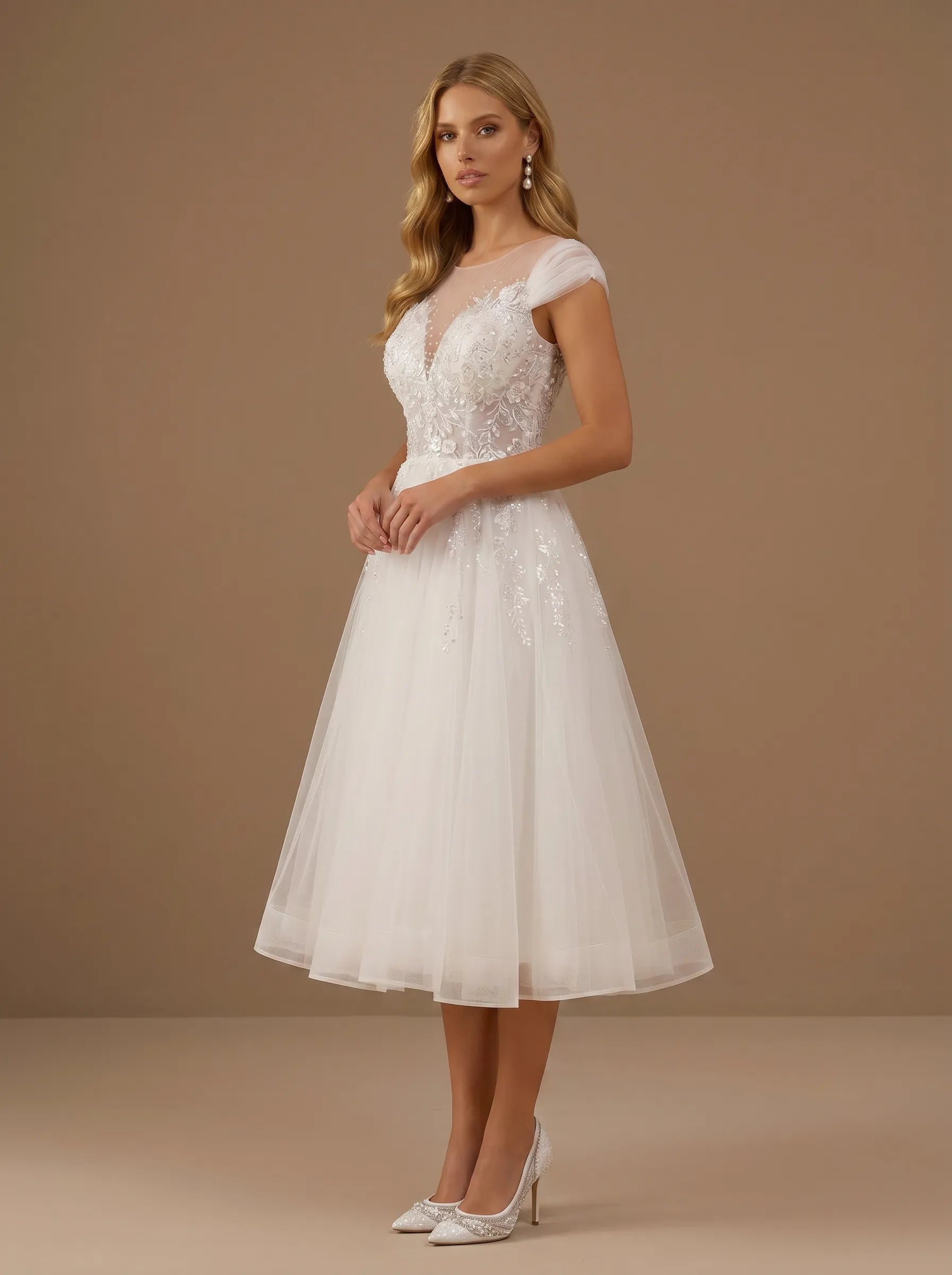 Scoop Neck Sequin Lace Applique Cap Sleeves Tea-Length Tulle Bridal Dress