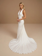 Halter V-Neck Satin Mermaid Criss-Cross Waist Wedding Gown with Train