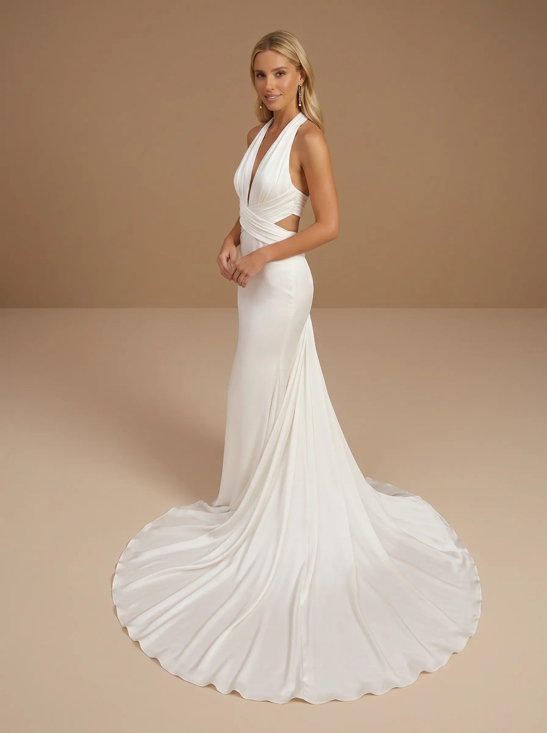 Halter V-Neck Satin Mermaid Criss-Cross Waist Wedding Gown with Train