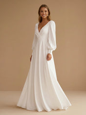 Deep V-Neck Satin A-Line Wedding Gown with Long Lantern Sleeves