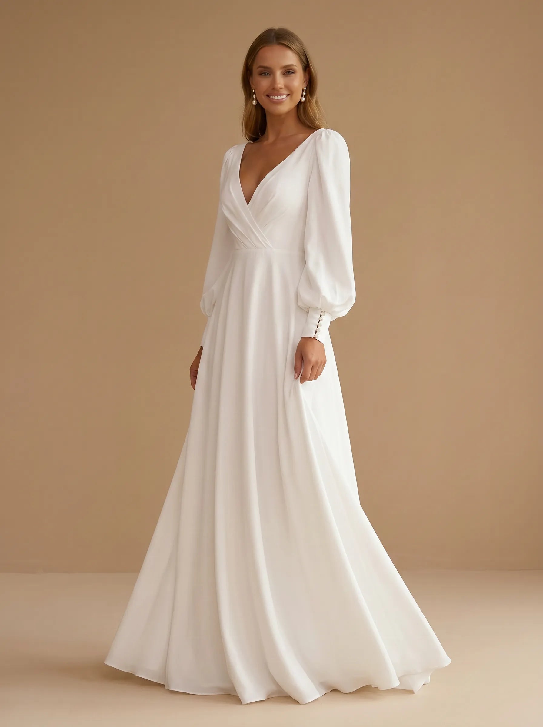 Deep V-Neck Satin A-Line Wedding Gown with Long Lantern Sleeves