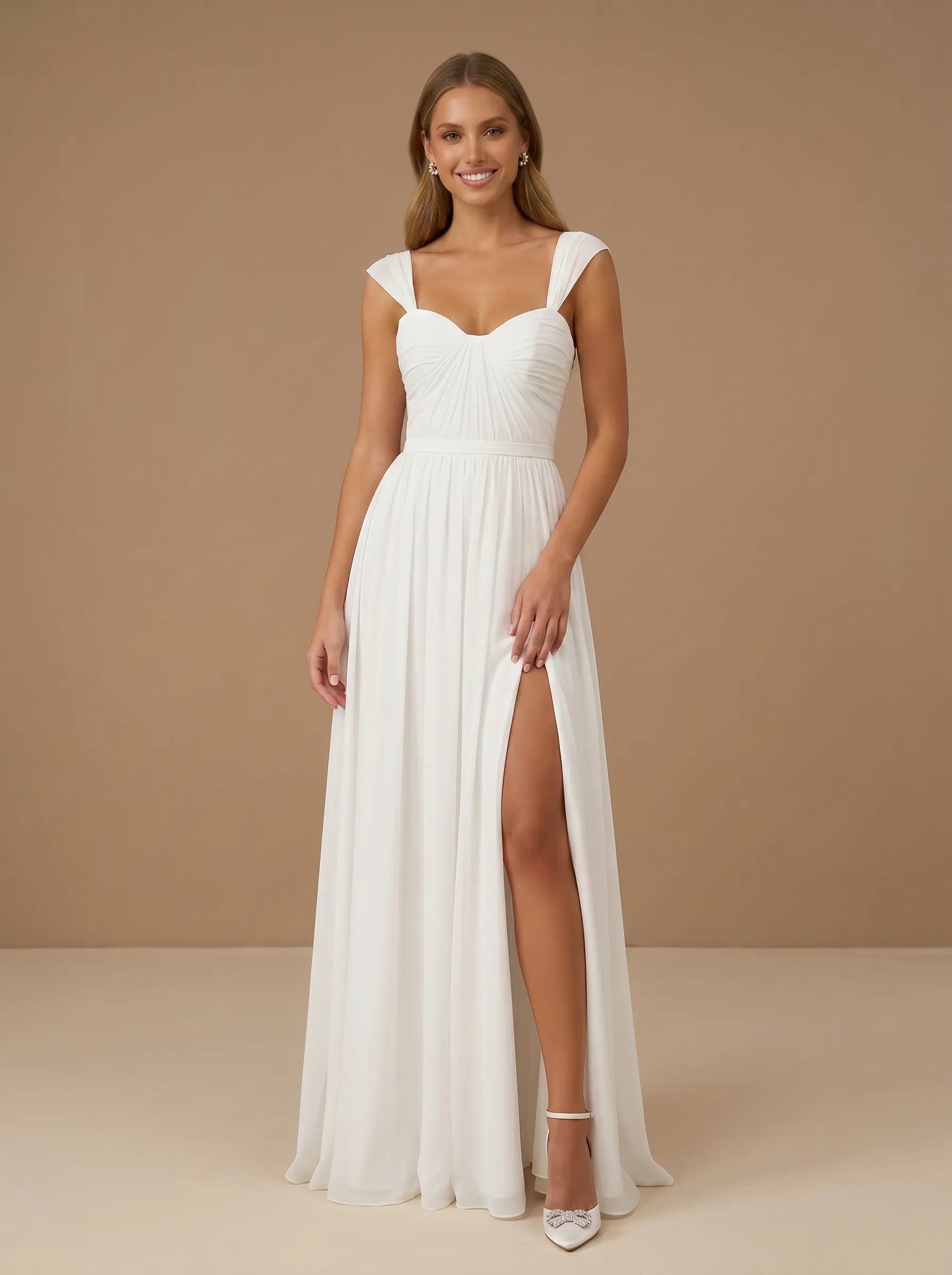 Sweetheart Neck Ruched Chiffon Wedding Gown with High Slit