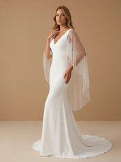 Elegant V-Neck Satin Mermaid Wedding Gown with Cape Sleeves