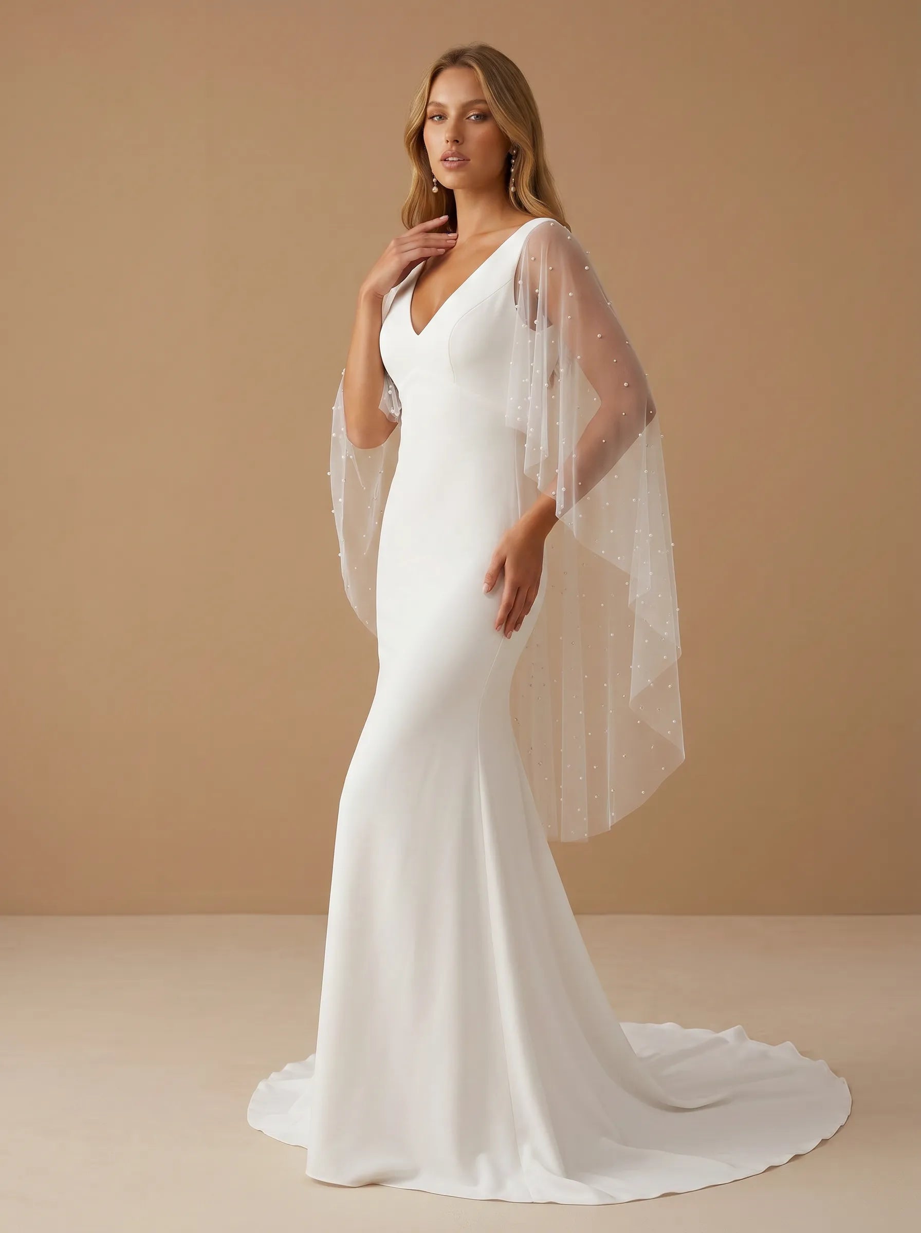 Elegant V-Neck Satin Mermaid Wedding Gown with Cape Sleeves