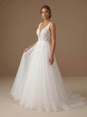 Deep V-Neck Lace Applique Tulle A-Line Bridal Gown