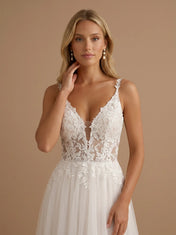 V-Neck Spaghetti Strap Lace Applique Tulle A-Line Bridal Gown