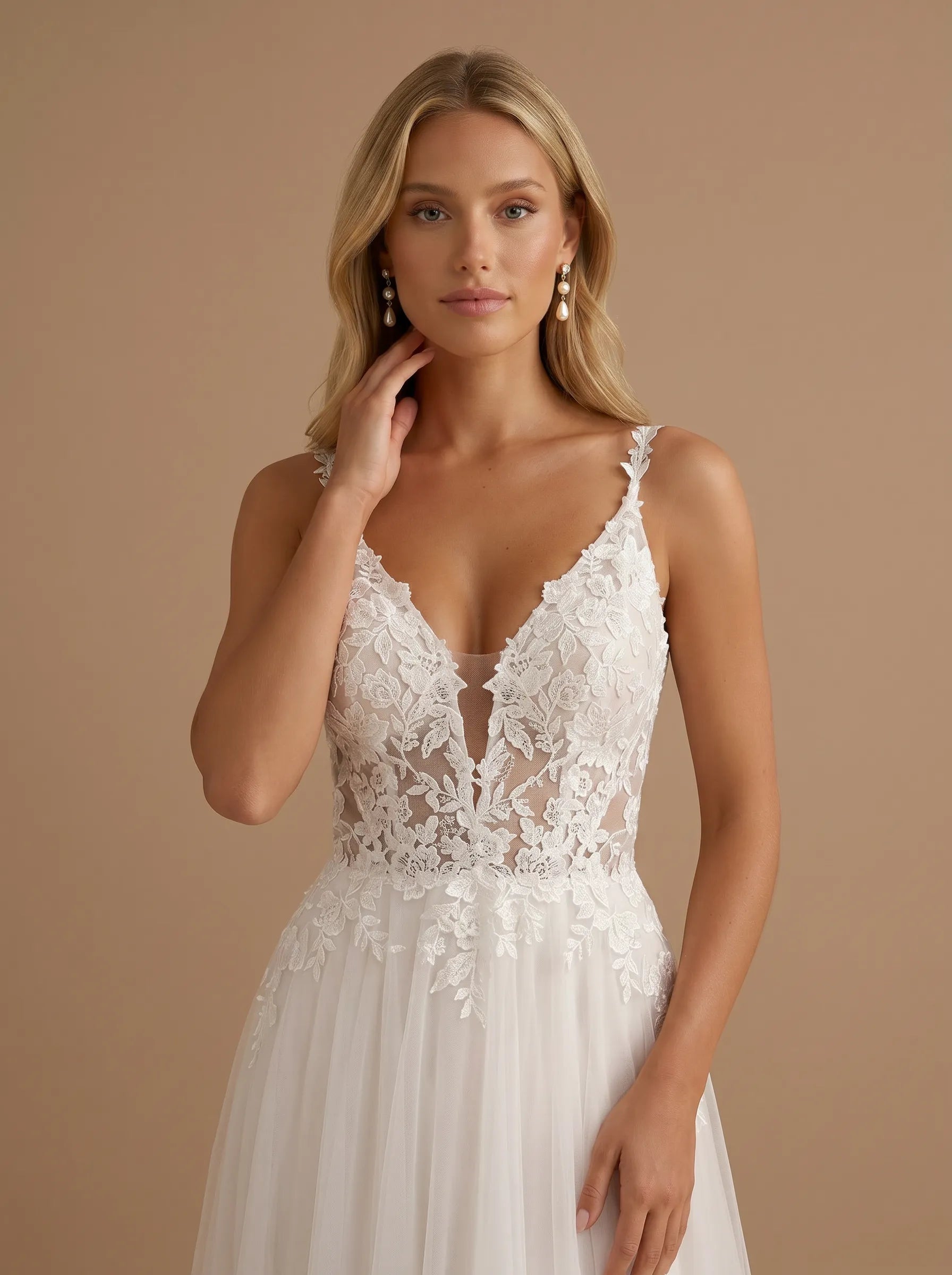 V-Neck Spaghetti Strap Lace Applique Tulle A-Line Bridal Gown