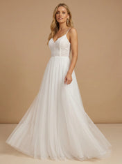 Spaghetti Strap V-Neck Lace Bodice Tulle A-Line Wedding Gown