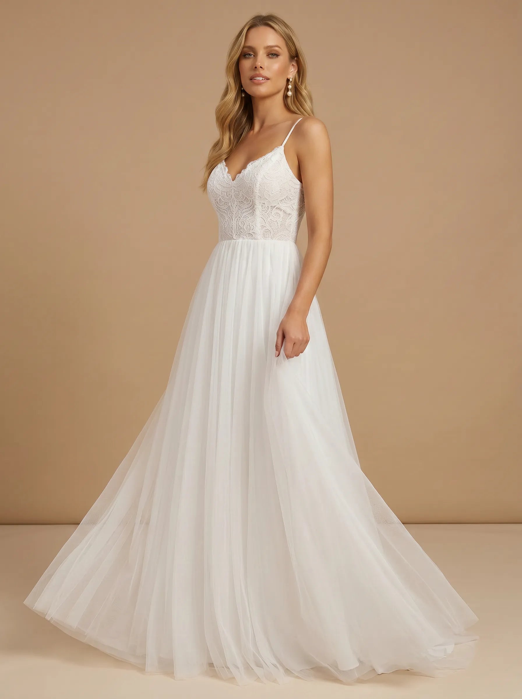 Spaghetti Strap V-Neck Lace Bodice Tulle A-Line Wedding Gown