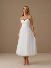 Sweetheart Neck Spaghetti Strap Satin Tea-Length Tulle Bridal Dress