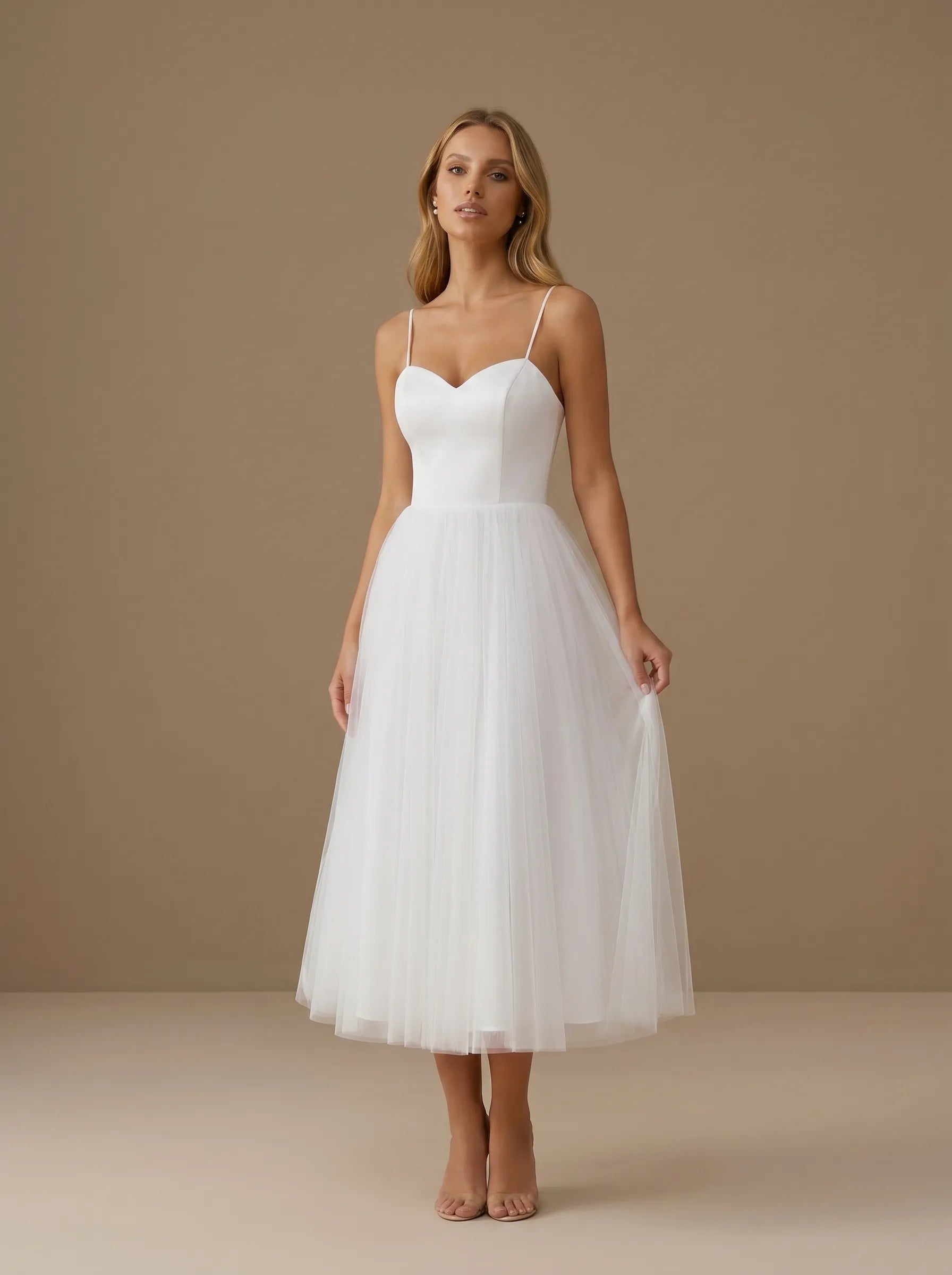 Sweetheart Neck Spaghetti Strap Satin Tea-Length Tulle Bridal Dress