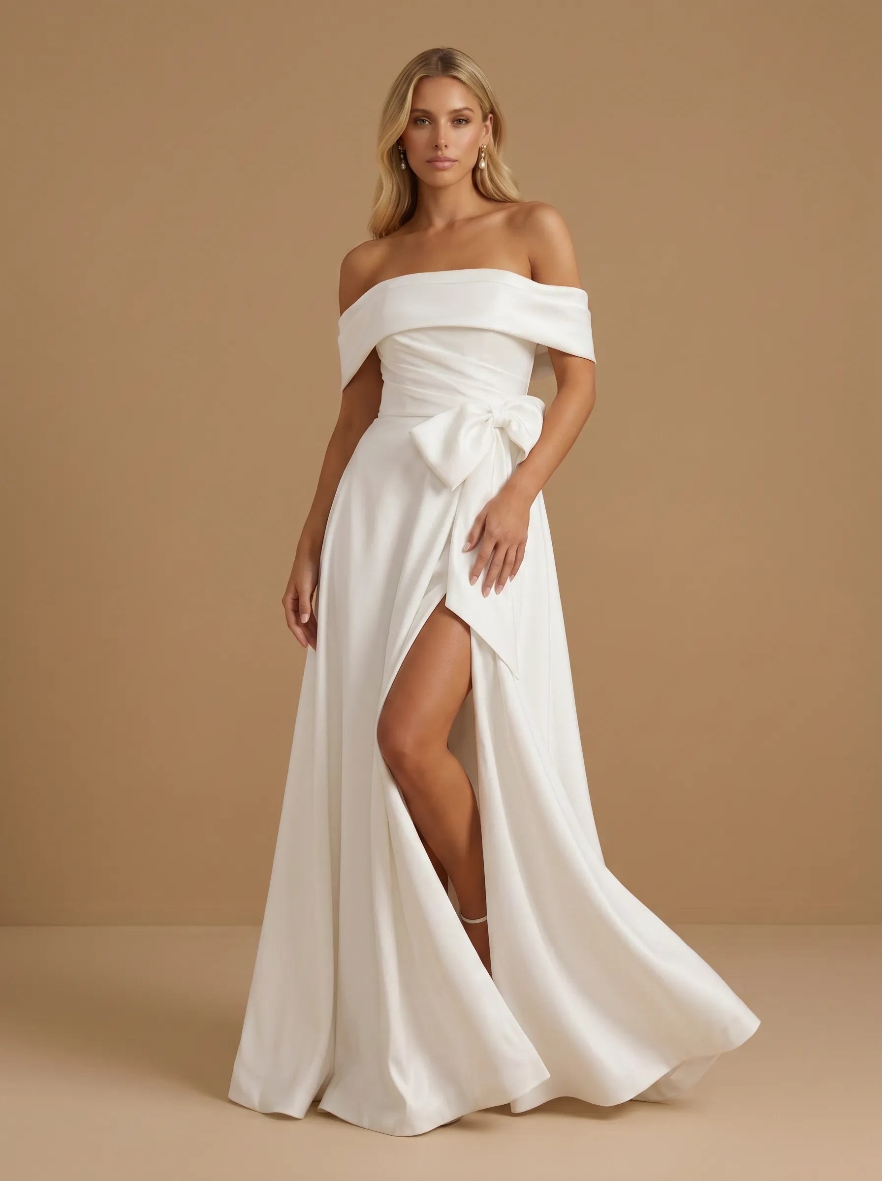 Off the Shoulder High Slit Satin A Line Bridal Gown with Bow