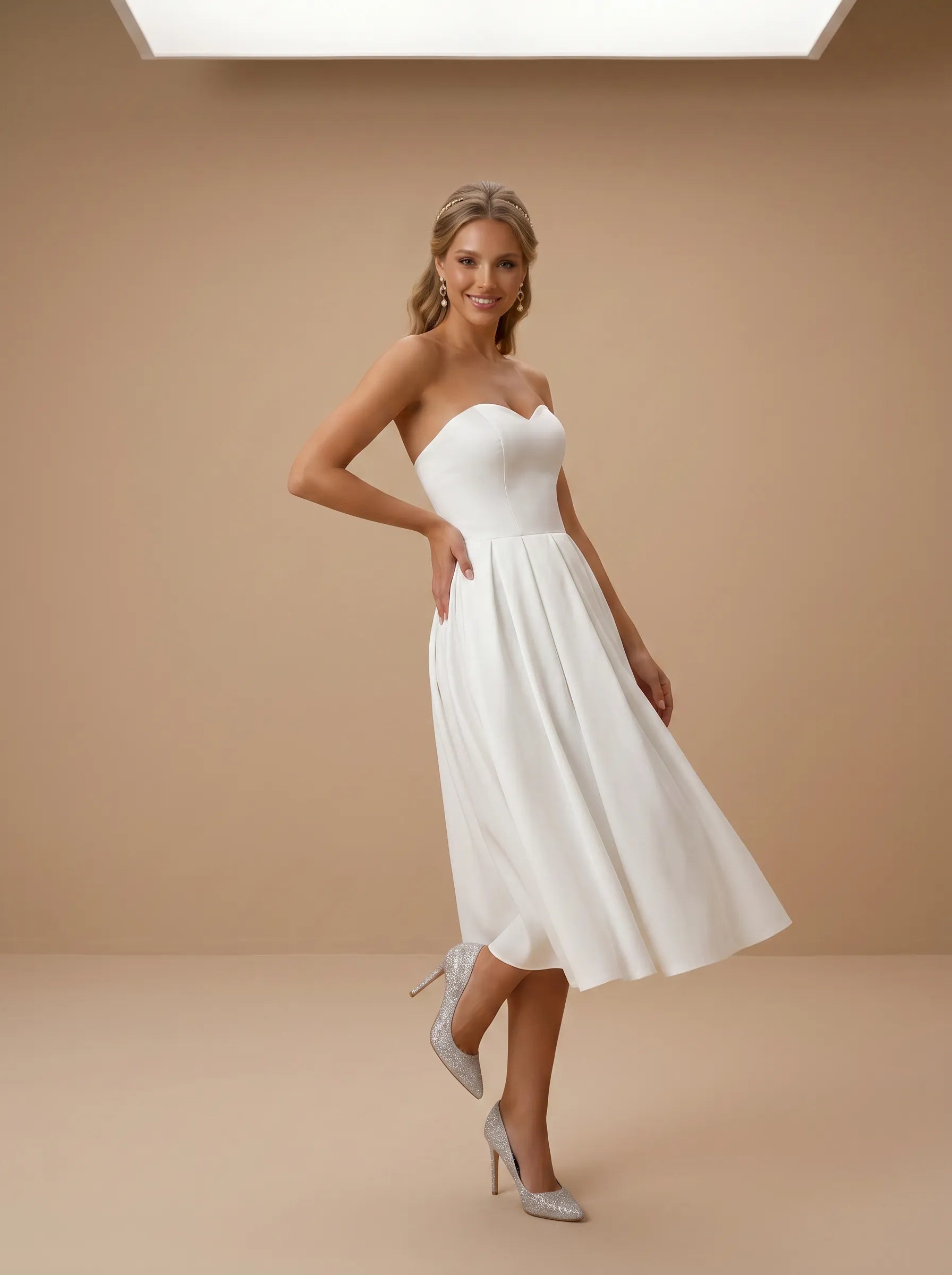 Sweetheart Satin Tea-Length Bridal Dress with Pleat
