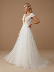 V-Neck Lace Applique Tulle A-Line Wedding Gown with Cap Sleeves