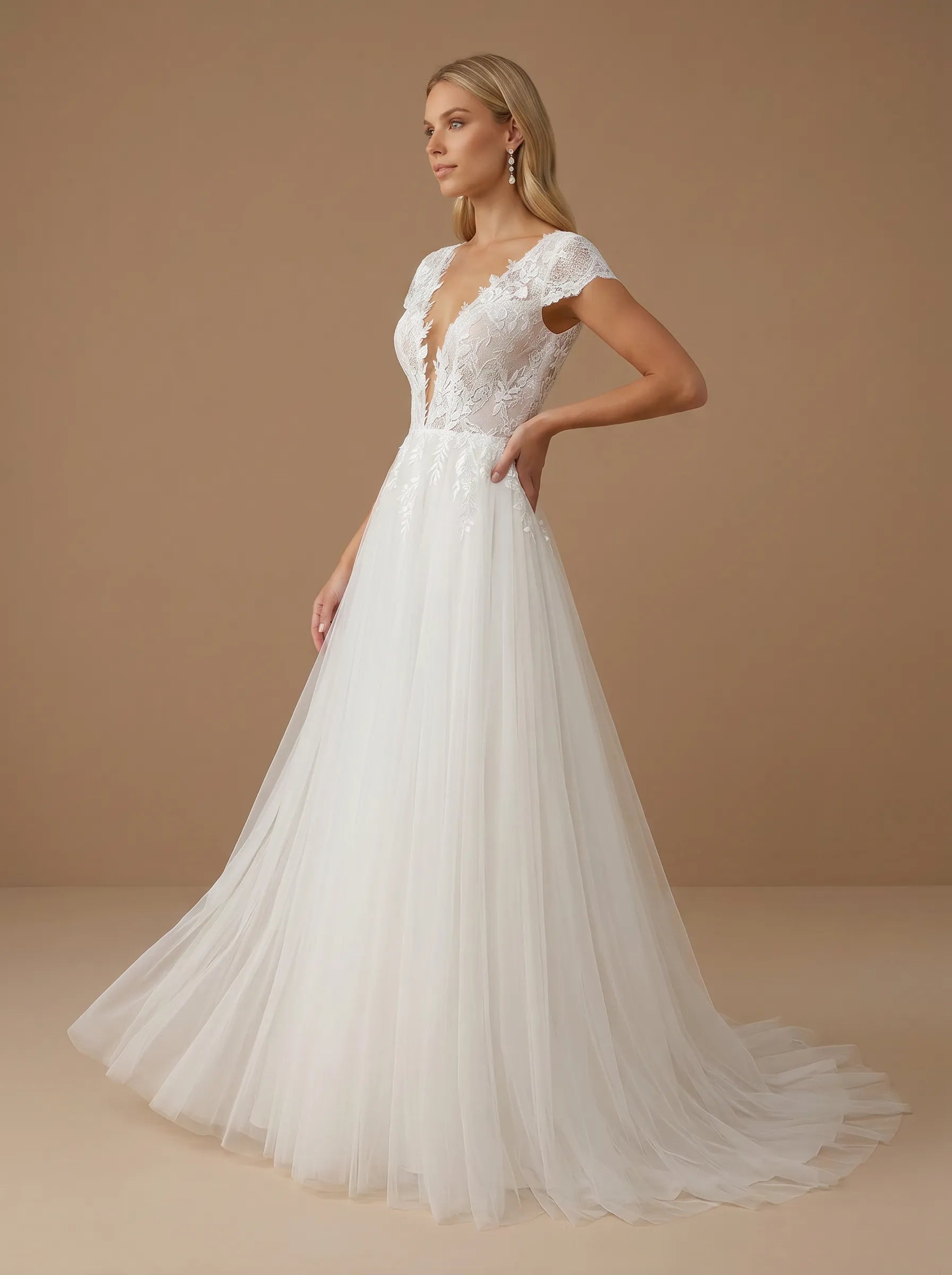 V-Neck Lace Applique Tulle A-Line Wedding Gown with Cap Sleeves