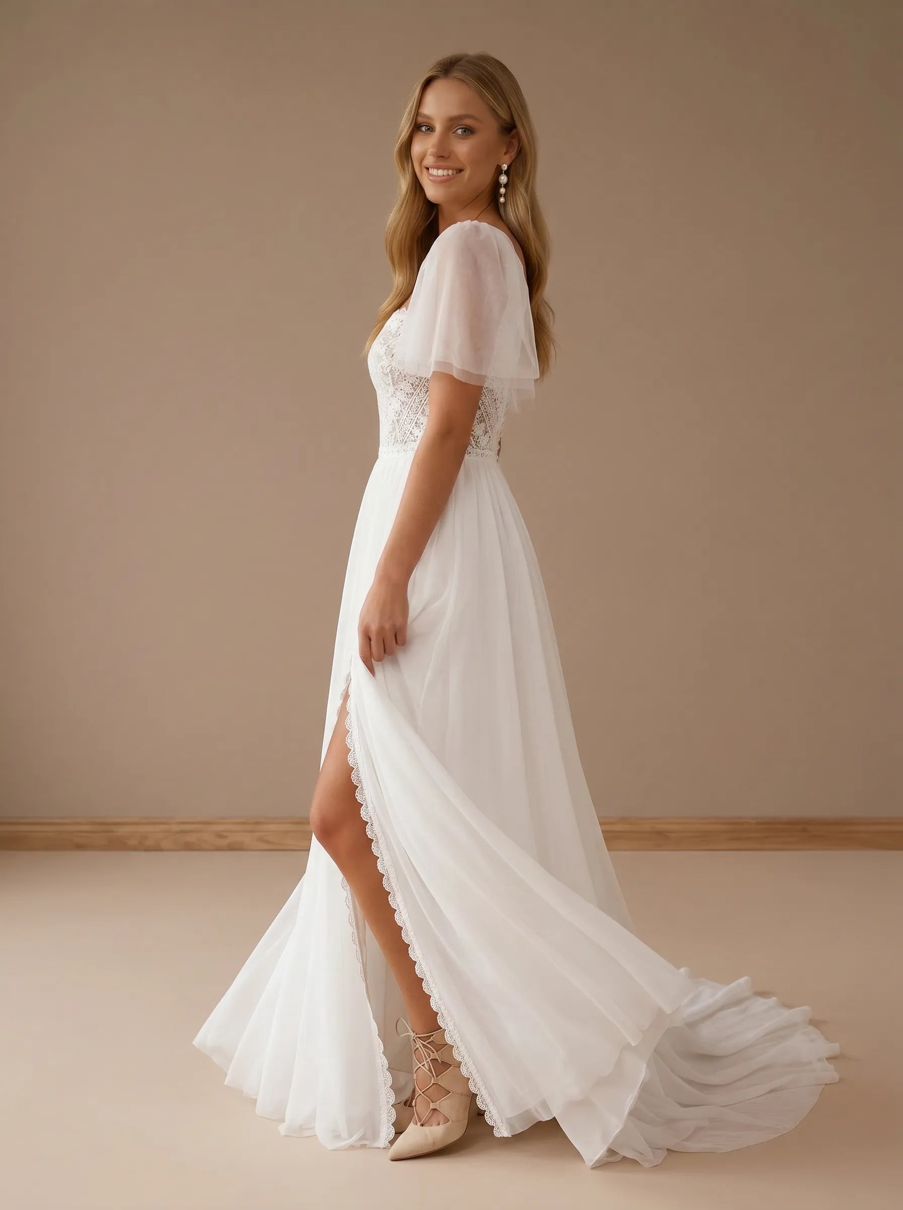 Square Neck Lace High Slit Tulle Wedding Gown with Flutter Sleeves