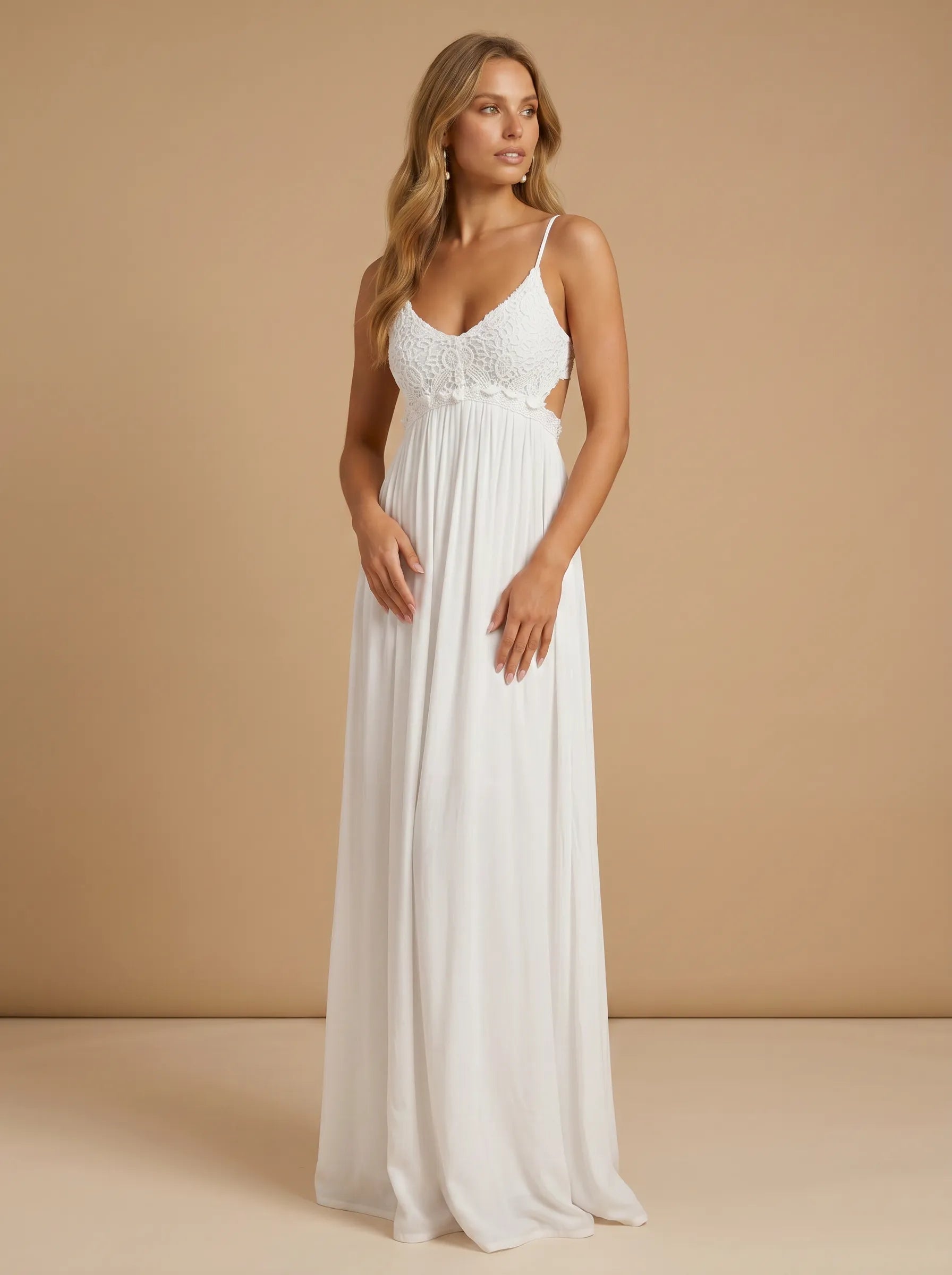 Spaghetti Strap V-Neck Lace Applique Chiffon Wedding Gown