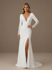 V-Neck Long Sleeve Mermaid Applique Bridal Gown with High Slit