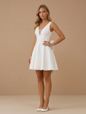 V-Neck Satin A-Line Mini Bridal Wedding Dress with Bow