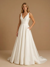 Elegant A-Line V-Neck Satin Wedding Gown with Pockets
