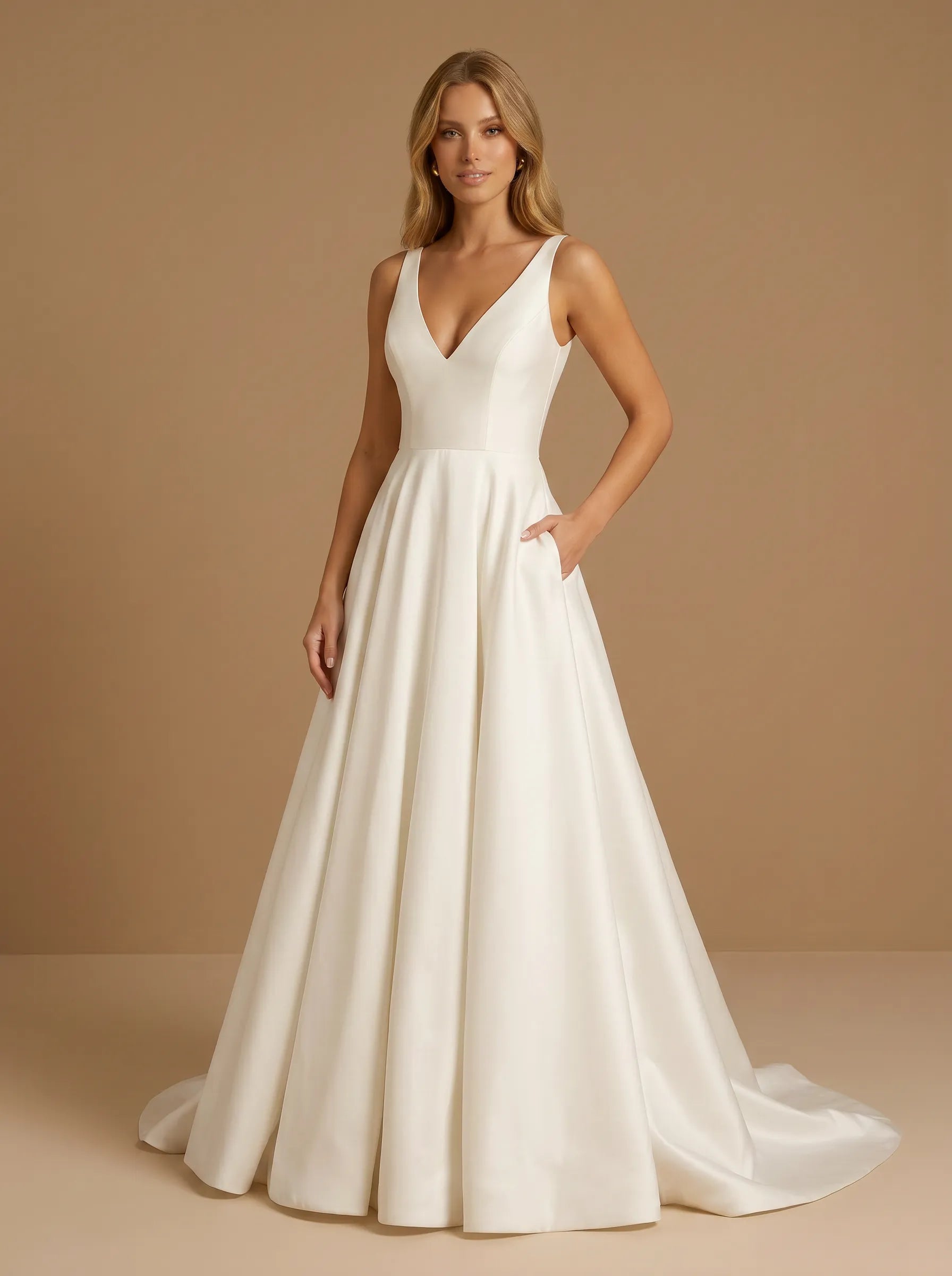 Elegant A-Line V-Neck Satin Wedding Gown with Pockets