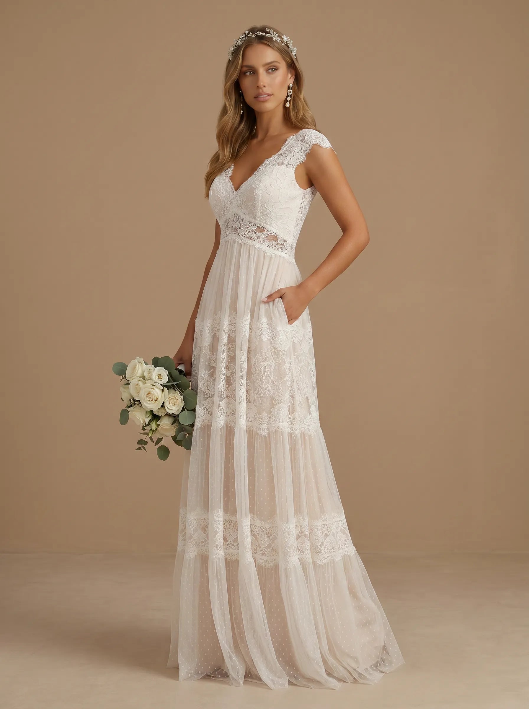 V-Neck Lace Applique Tiered Tulle A-Line  Wedding Gown with Cap Sleeves
