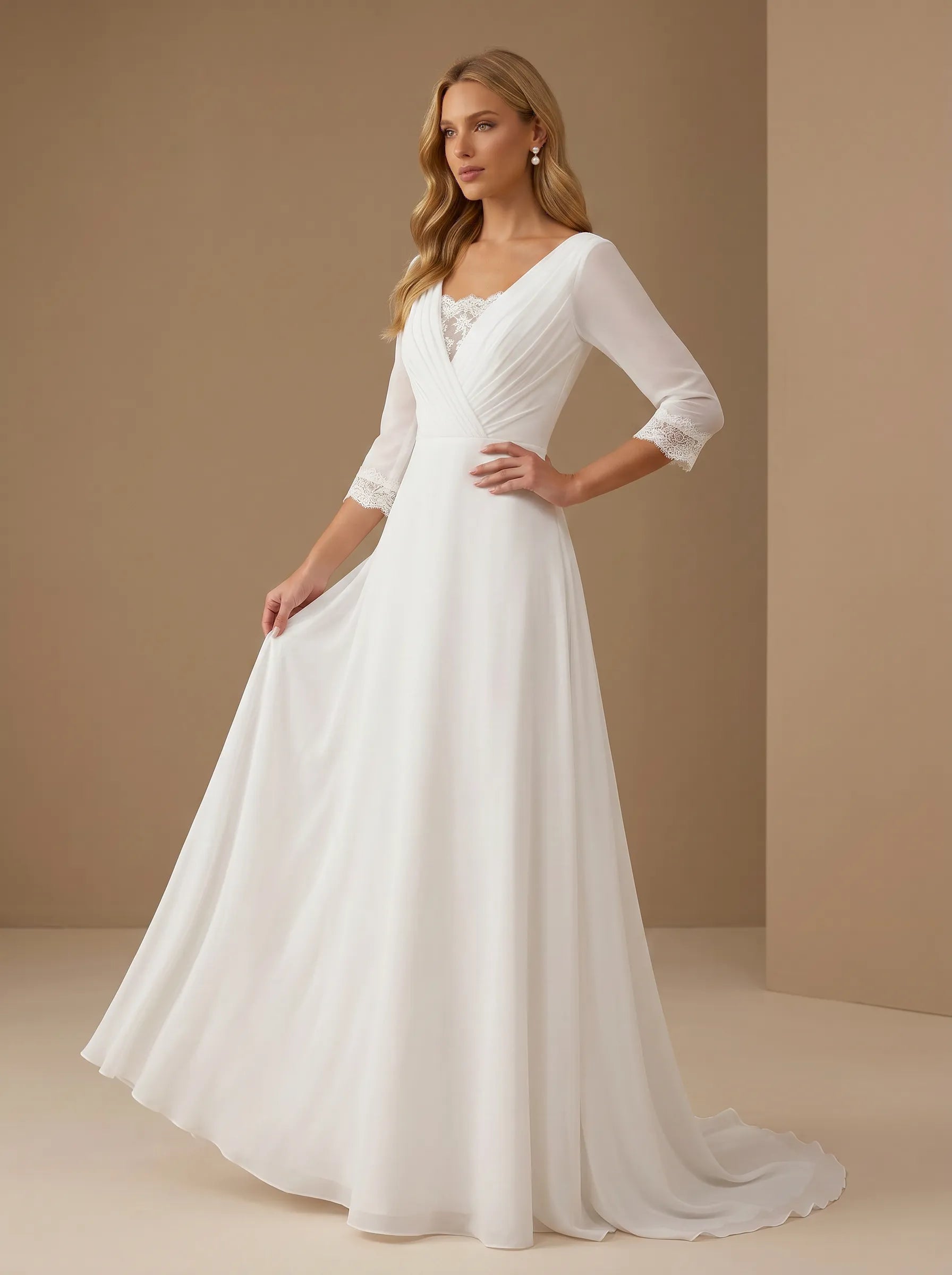 Elegant V-Neck 3/4 Sleeve A Line Wedding Gown with Pleat