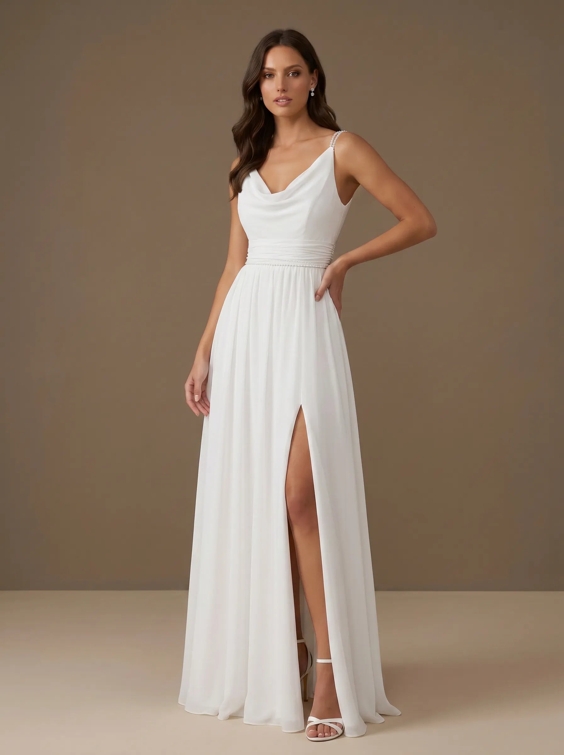 Cowl Neck High Slit Spaghetti Straps A-Line Chiffon Bridal Gown