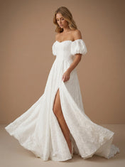 Off the Shoulder Puff Sleeve Sweetheart A-Line Wedding Gown with High Slit