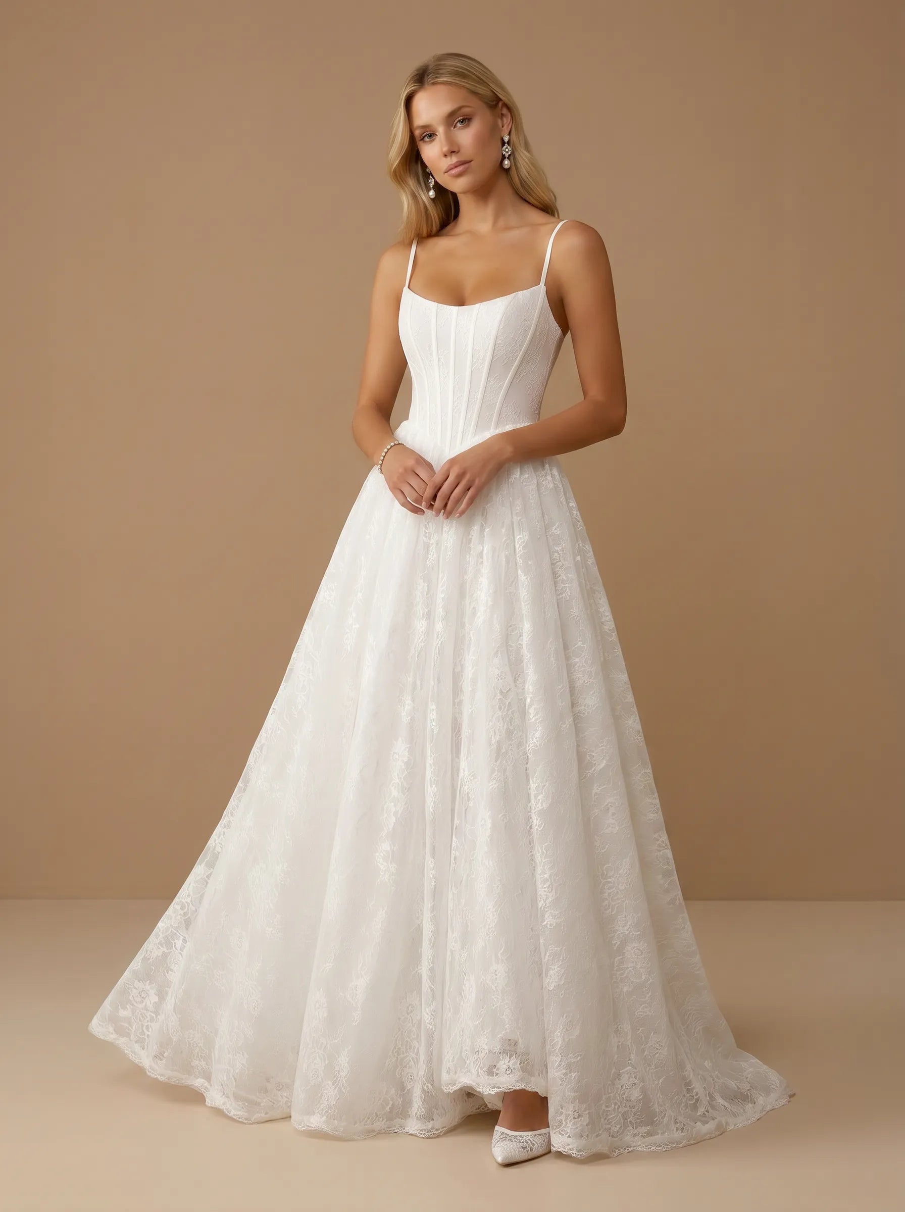 Spaghetti Strap Lace Applique A-Line Wedding Gown with Corset