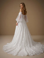 Off the Shoulder Long Sleeve Tulle A-Line Wedding Gown with Lace Appliques