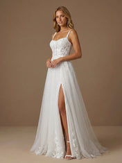 Sweetheart Lace Applique Glitter Tulle Wedding Gown with High Slit