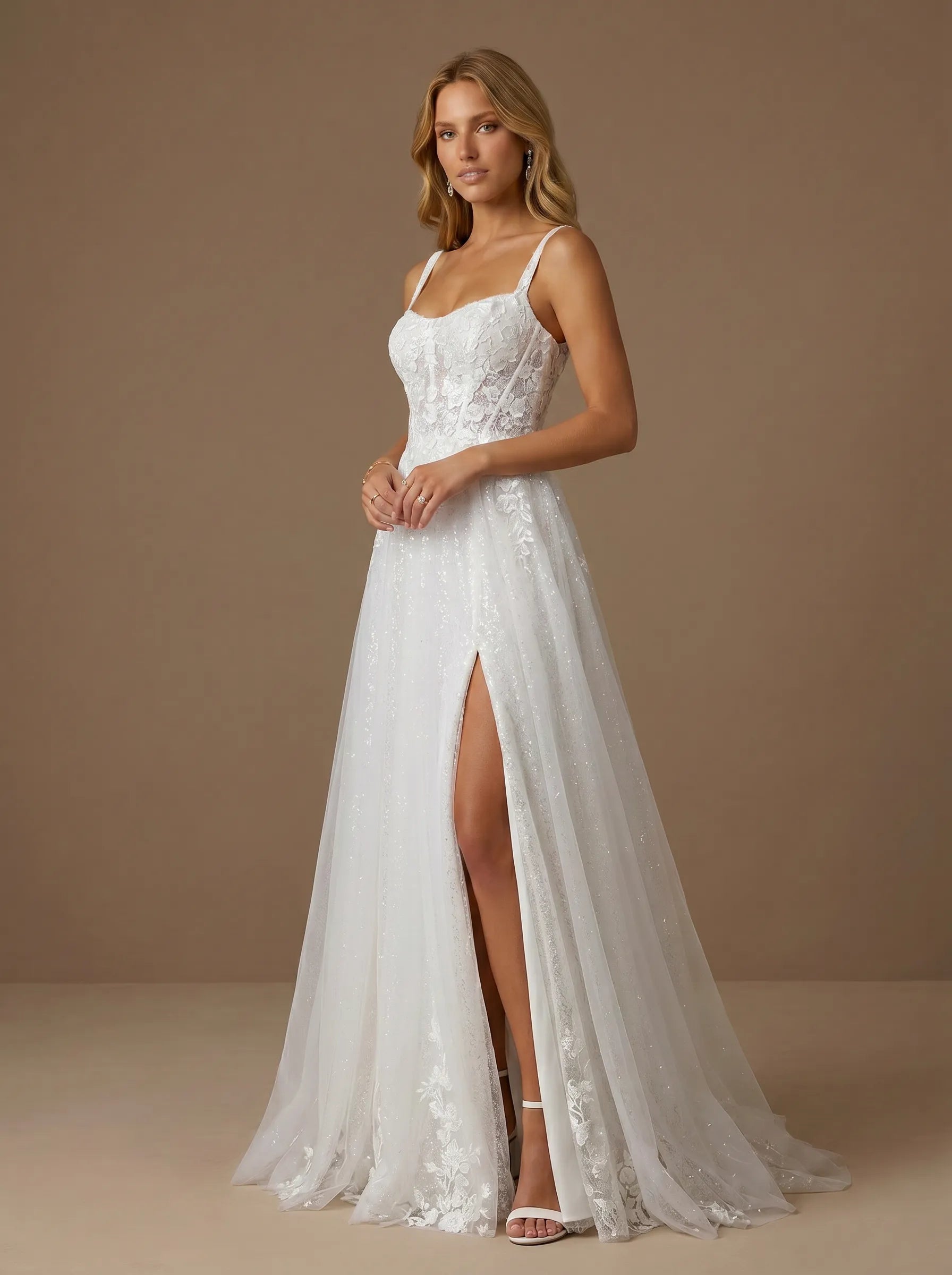 Sweetheart Lace Applique Glitter Tulle Wedding Gown with High Slit