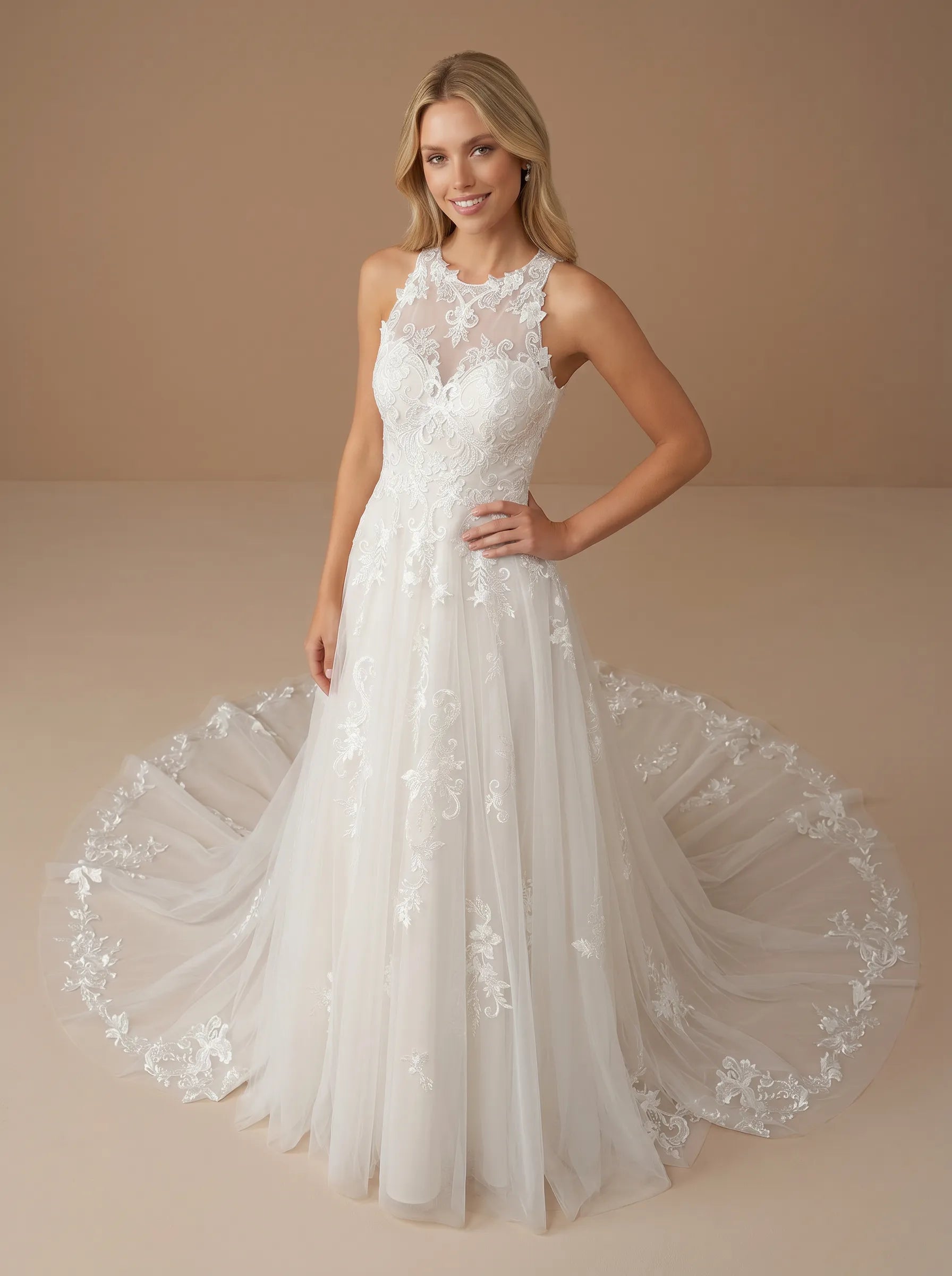 High Neck Halter Lace Applique Tulle A-Line Wedding Gown