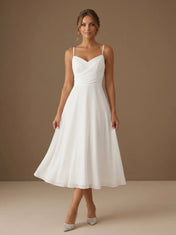 V Neck Spaghetti Strap Pleat Chiffon Midi Wedding Dress for Civil Ceremony