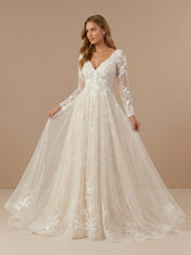 Elegant V-Neck Long Sleeve Lace Appliques Tulle A-Line Wedding Gown