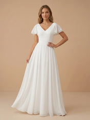 Elegant V-Neck Flutter Sleeve A-Line Ruched Chiffon Wedding Gown