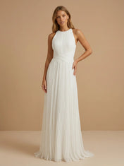 Scoop Neck Pleat Chiffon Criss-Cross Waist A-Line Wedding Gown