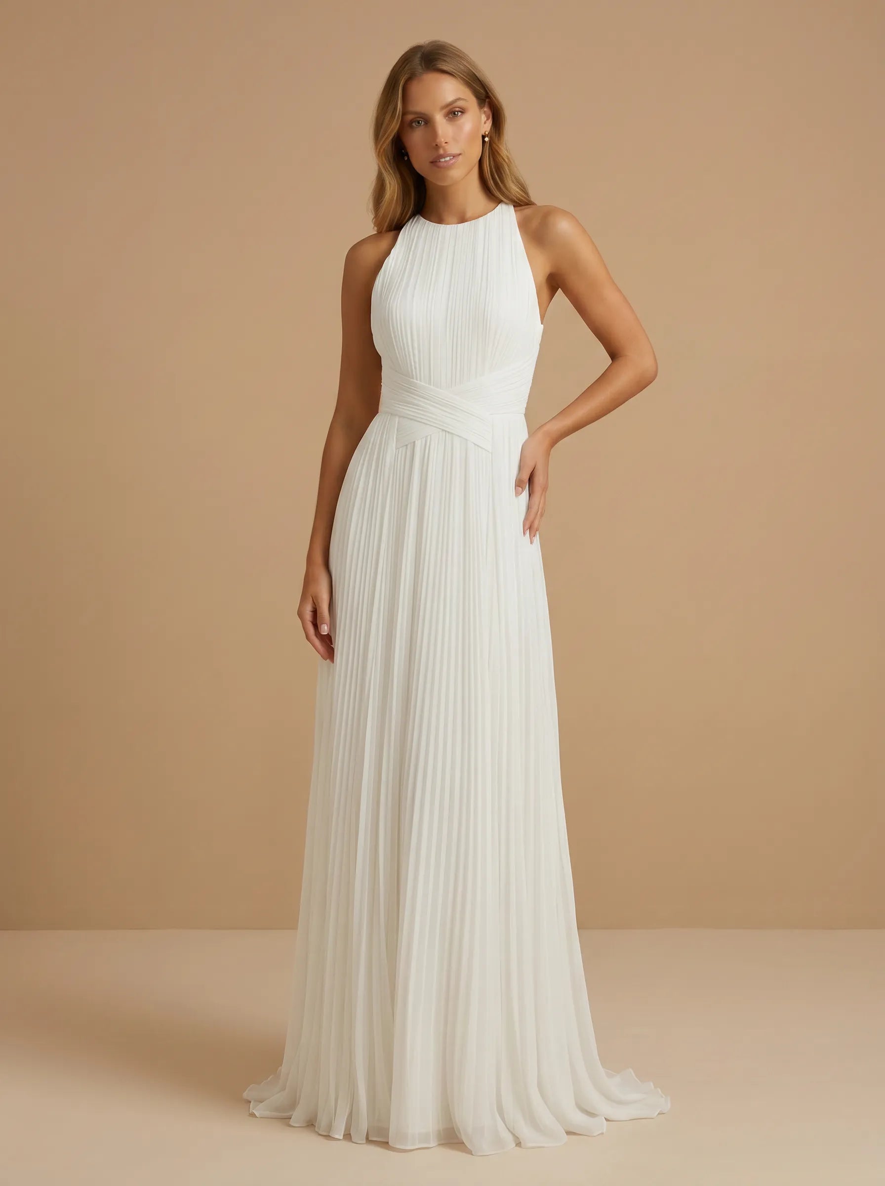 Scoop Neck Pleat Chiffon Criss-Cross Waist A-Line Wedding Gown