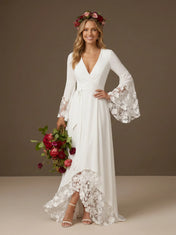 Elegant V-Neck High-Low A Line Boho Wedding Dress with Lace Sleeves