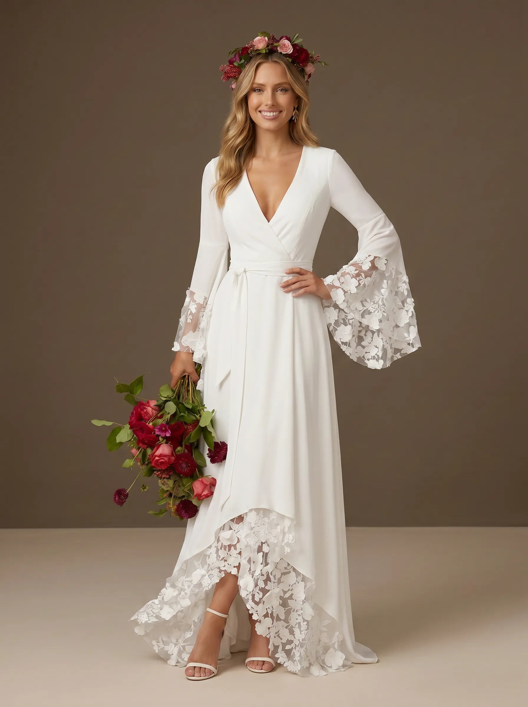 Elegant V-Neck High-Low A Line Boho Wedding Dress with Lace Sleeves