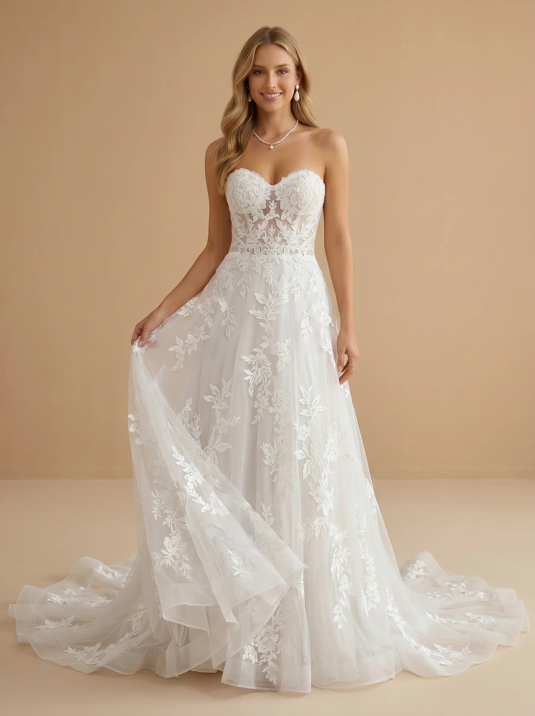 Sweetheart Tiered Lace Applique Tulle A-Line Bridal Gown
