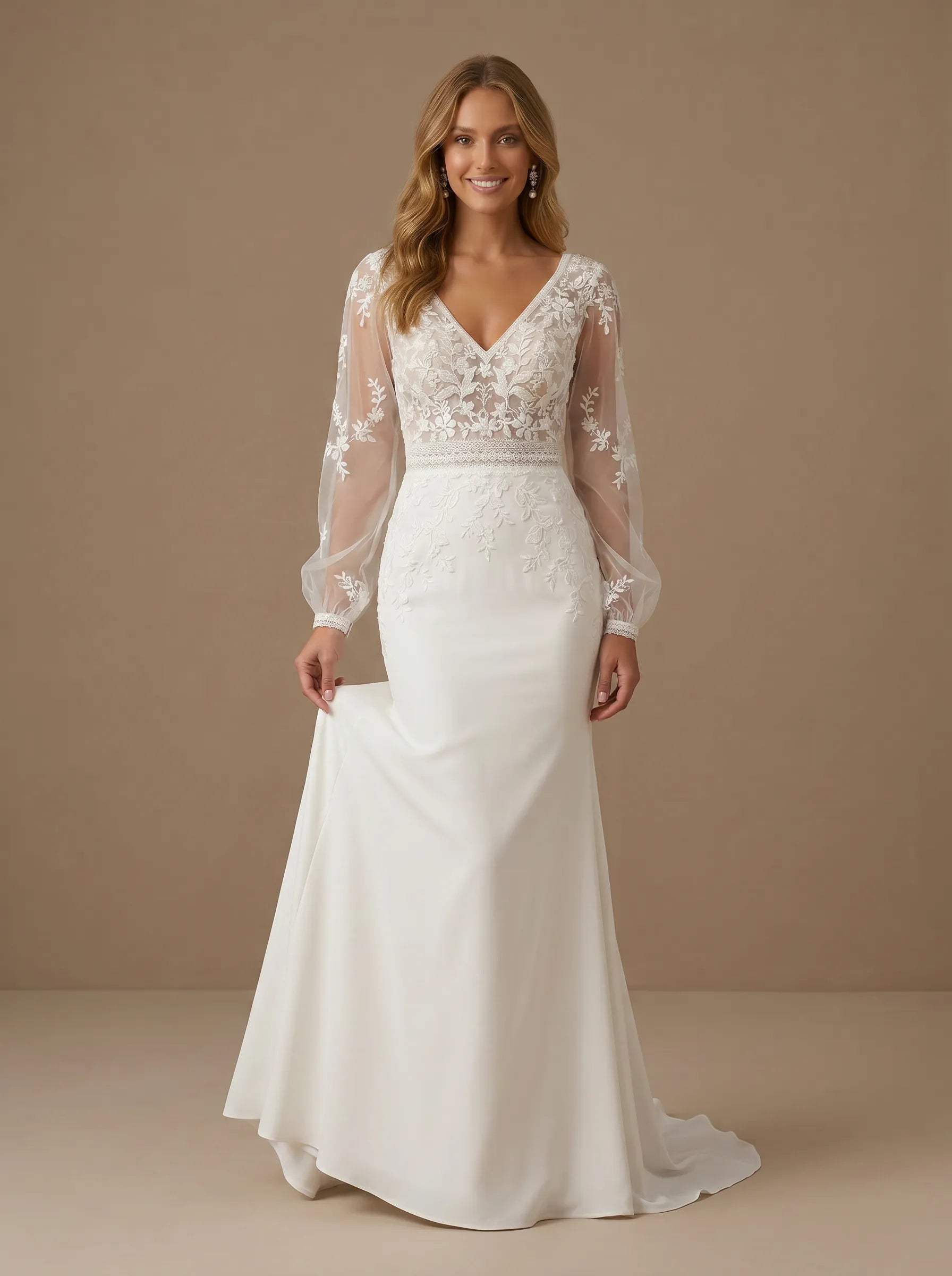 V-Neck Puff Sleeve Lace Applique Mermaid Wedding Dress