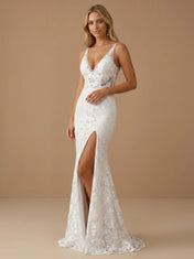 V-Neck Lace Applique Mermaid Wedding Gown with High Slit