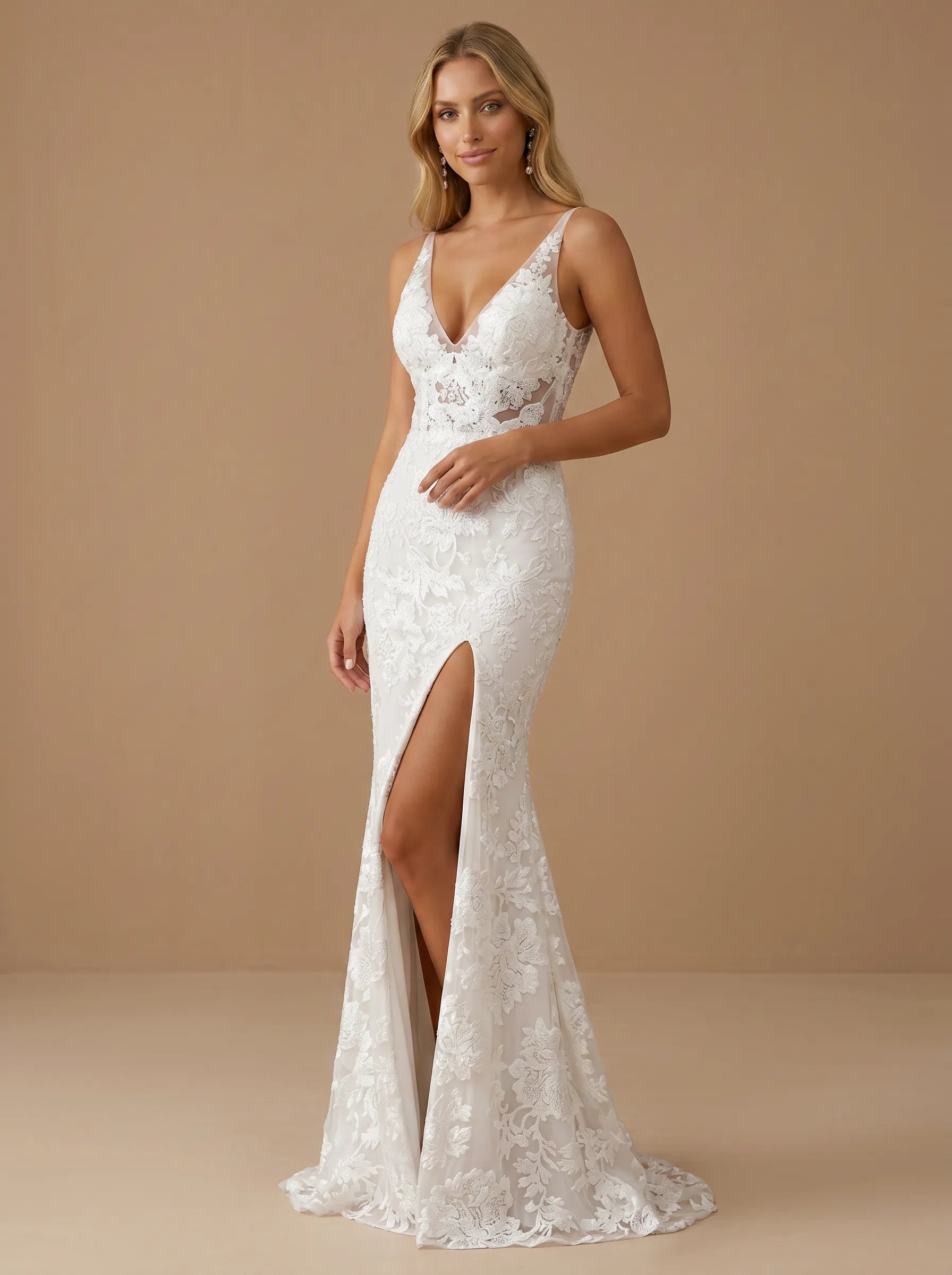 V-Neck Lace Applique Mermaid Wedding Gown with High Slit