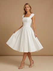 Square Neck Cap Sleeve Satin Midi Wedding Dress with Pleat