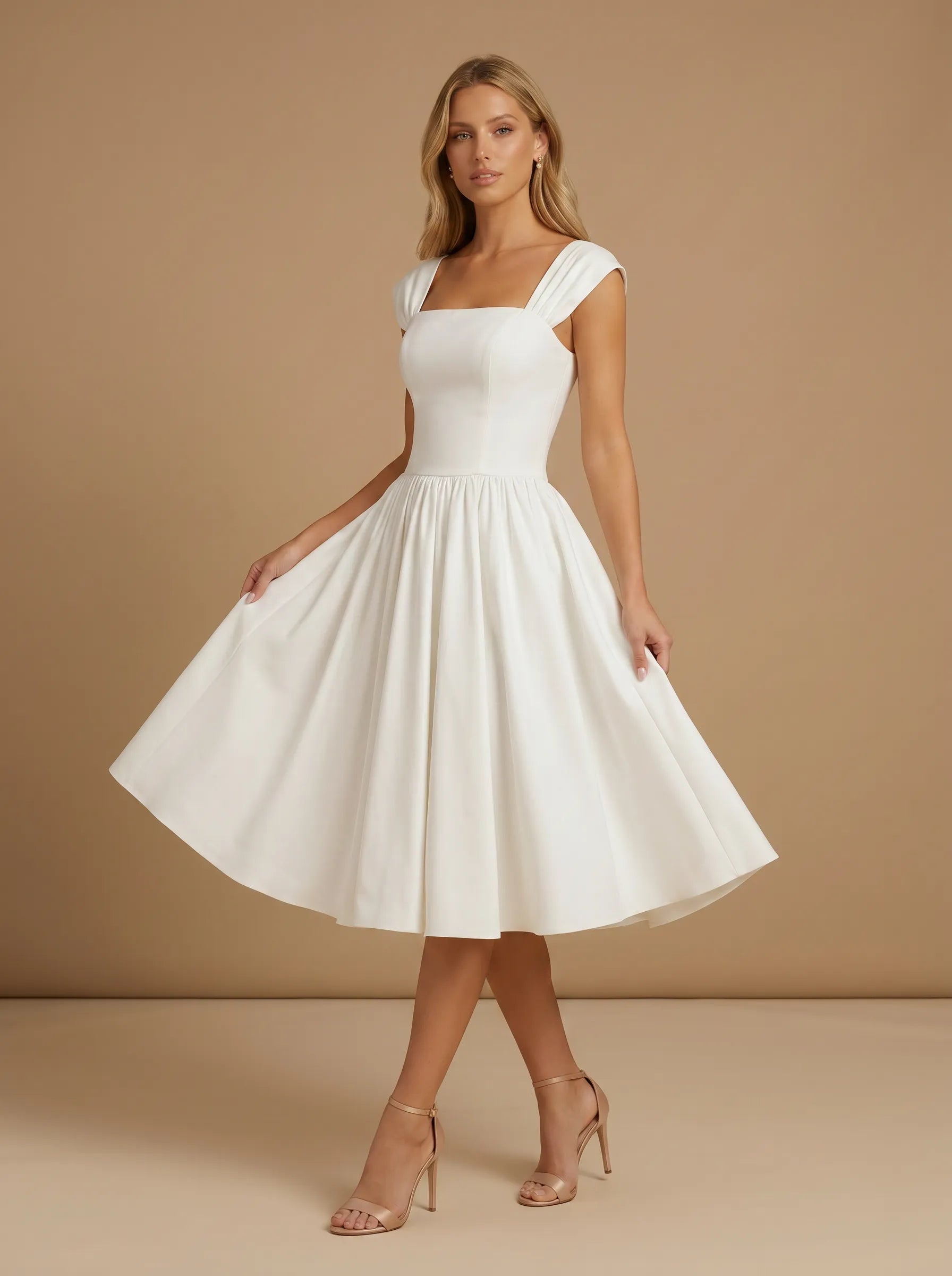 Square Neck Cap Sleeve Satin Midi Wedding Dress with Pleat